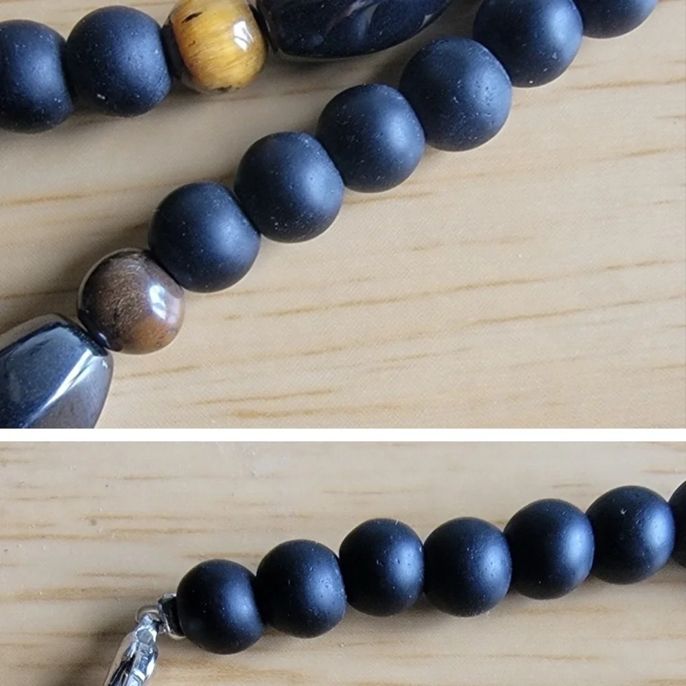 Black and Gold Hermatite and Lava Beaded Necklace with Triangle Pendant - Picture 4 of 7